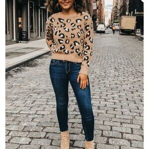 Express Sweater Womens XL Cheetah Print Crew Neck Pullover Fuzzy Soft Boho
